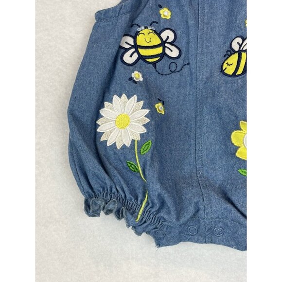 Baby Essentials 12M Blue Denim Romper Embroidered Bees Flowers Ruffle Straps - Picture 3 of 5
